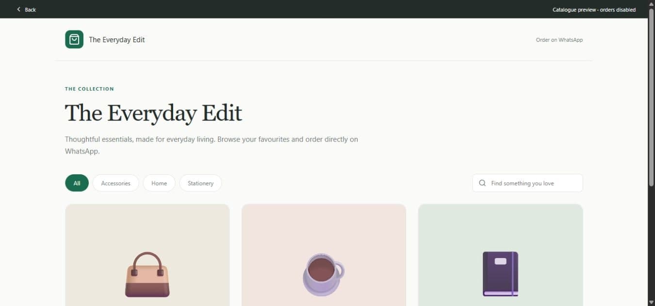 Actual Catalogue buyer demo with product categories, prices and add buttons