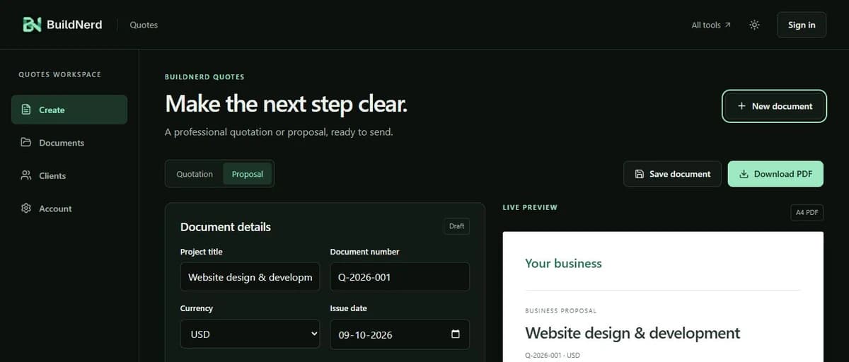 Actual BuildNerd Quotes editor with a software proposal example and live document preview
