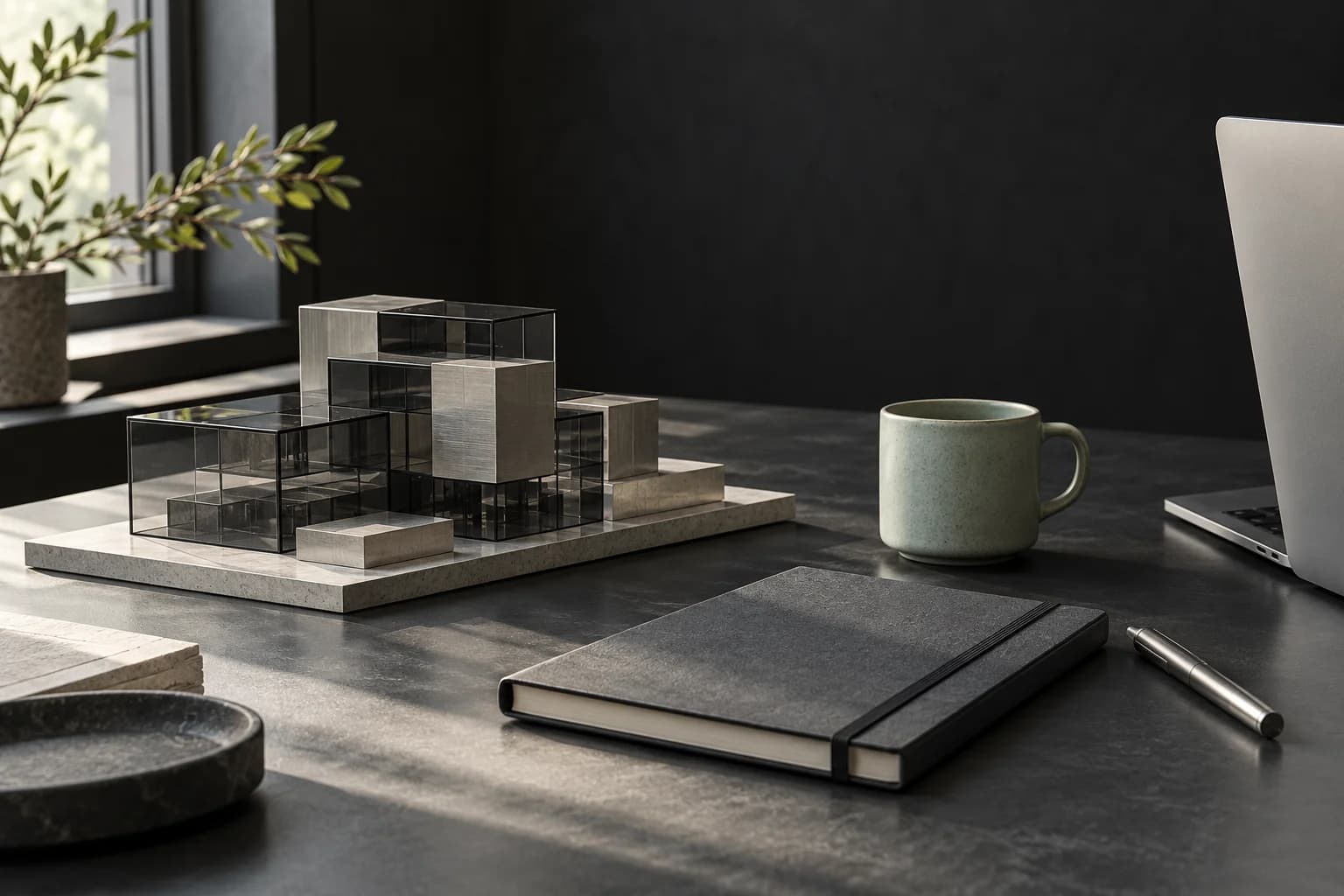 Illustrative engineering workspace with a notebook, architectural model, and laptop
