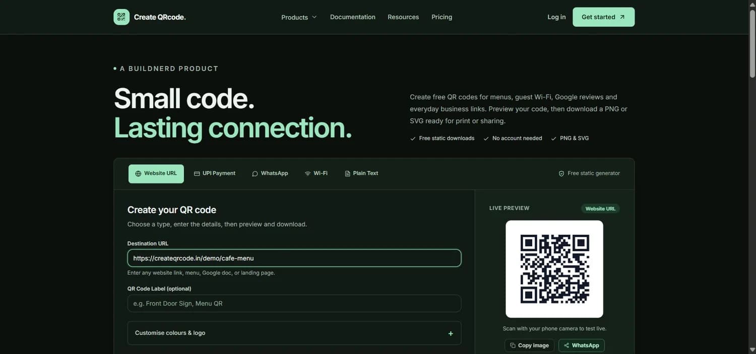 Current Create QRcode generator using a sample café menu link with a live QR preview