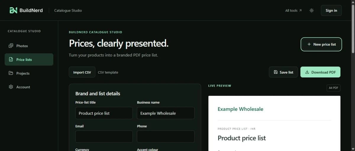 Actual Catalogue Studio editor showing a product price list and its PDF preview